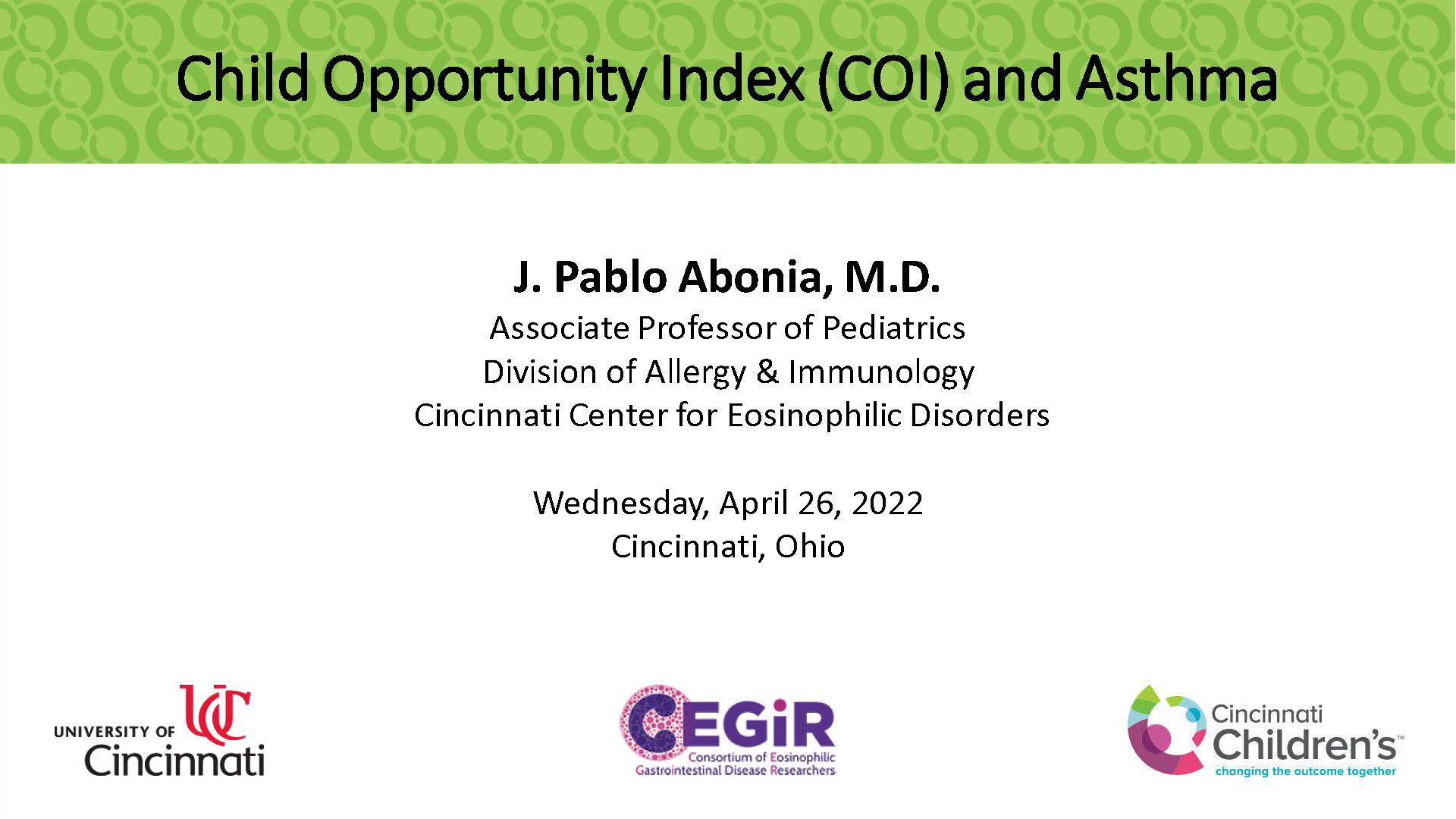 The introductory slide for a presentation by J. Pablo Abonia, MD on Child Opportunity Index (COI) and Asthma