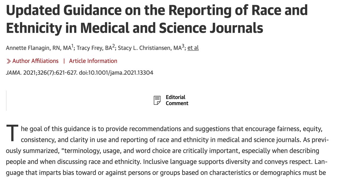 A screenshot from the JAMA Network article, Updated Guidance on the Reporting of Race and Ethnicity in Medical and Science Journals