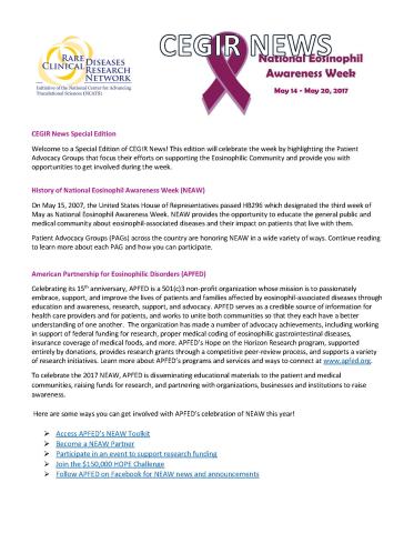 The first page of the CEGIR May 2017 special edition newsletter