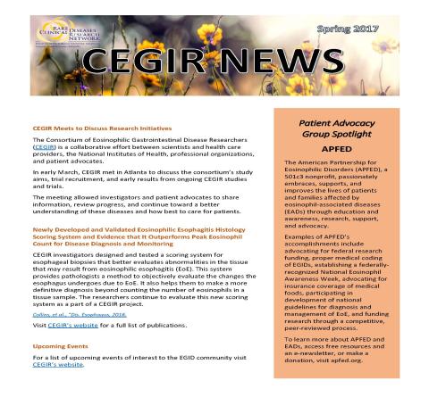 The first page of the CEGIR Spring 2017 newsletter
